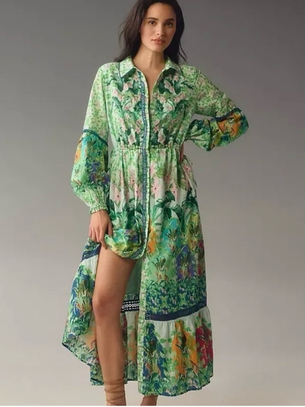 Anthropologie Eleanora Mint Green Floral Tiered Long-Sleeve Maxi Dress.